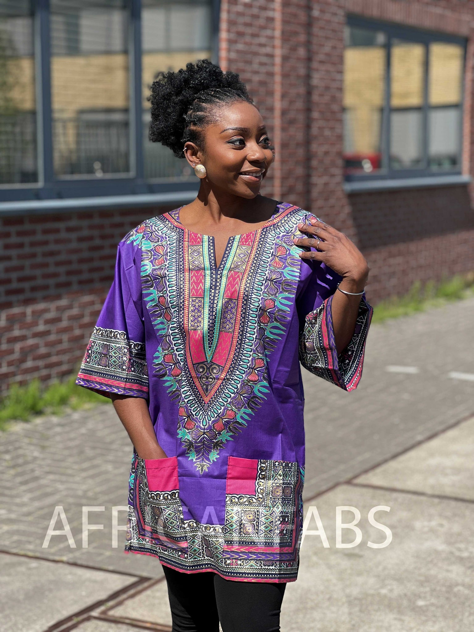 Dashiki Shirt / Dashiki Kleid - Lila mit Goldeffekt - Afrikanisches Top - Unisex - Vlisco