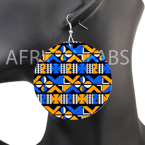 Blau / Gelbe Kreuze Bogolan - Afrikanische Ohrringe