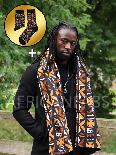 SCHAL + SOCKEN-SET - Warmer Schal mit afrikanischem Print + Socken Braune mud