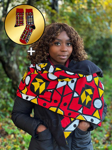 SCHAL + SOCKEN-SET - Warmer Schal mit afrikanischem Print + Socken Samakaka Rot