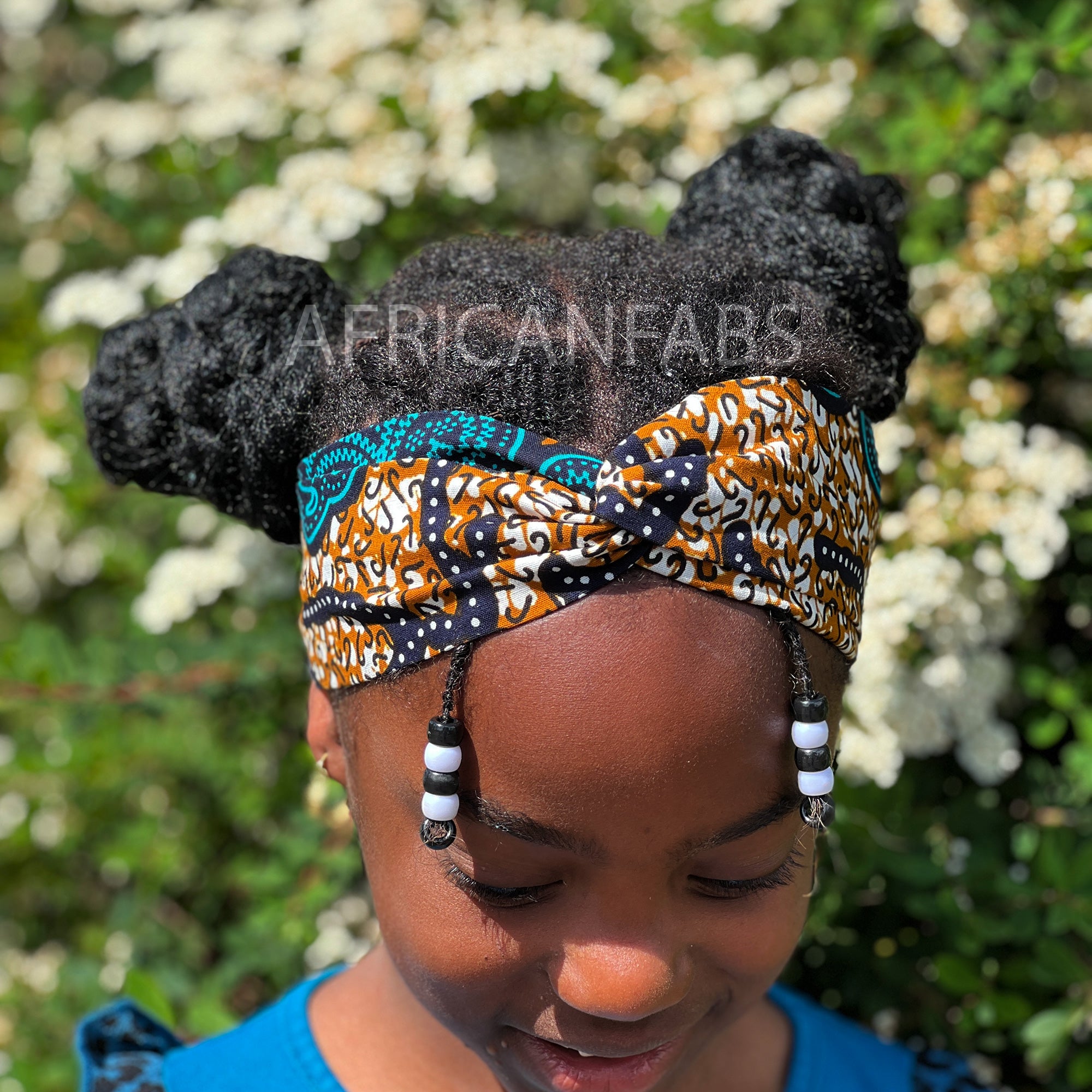 Haarband / Stirnband / Kopfband für Kinder in Afrikanischer Print - Blau / Senf klassisch