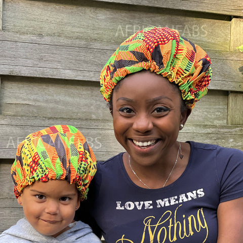 Afrikanischer Kente Print Schlafhaube (Mutter + Tochter / Mommy & Me) Satin Hair Bonnet