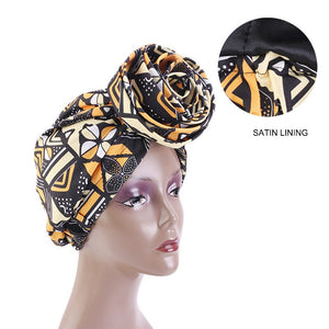 Vorgefertigtes Kopftuch / Schlafhaube - Afrikanische Orange Bogolan Print Satin Kopfbedeckung