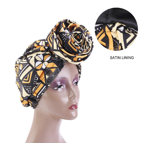 Vorgefertigtes Kopftuch / Schlafhaube - Afrikanische Orange Bogolan Print Satin Kopfbedeckung