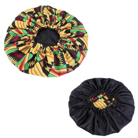Afrikanischer Kente Print Schlafhaube - Schwarz Gelb - Satin Hair Bonnet