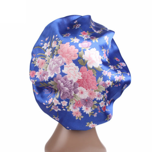 Blau Rosa Blumen Satin bonnet / Schlafhaube / Hair Bonnet / Nachtmütze