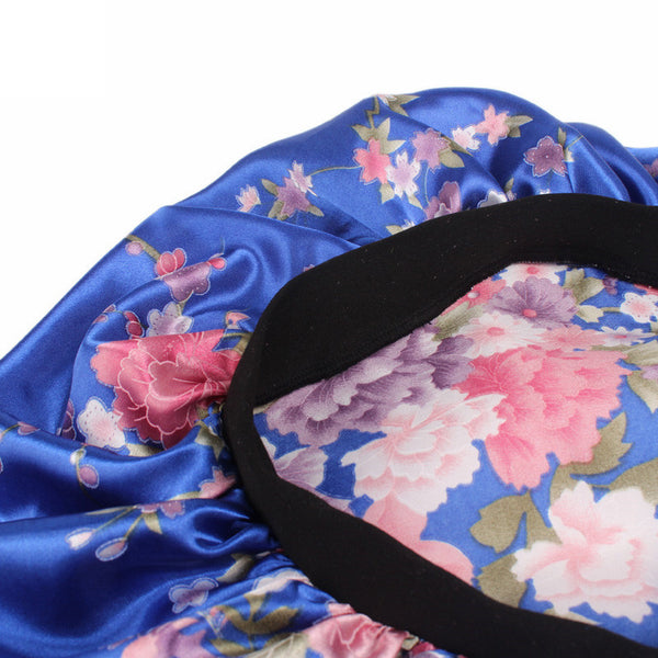Blau Rosa Blumen Satin bonnet / Schlafhaube / Hair Bonnet / Nachtmütze