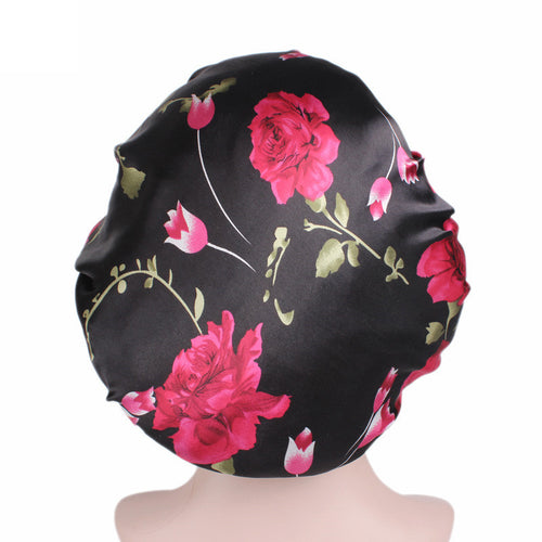 Schwarz Rosa Blumen Satin bonnet / Schlafhaube / Hair Bonnet / Nachtmütze
