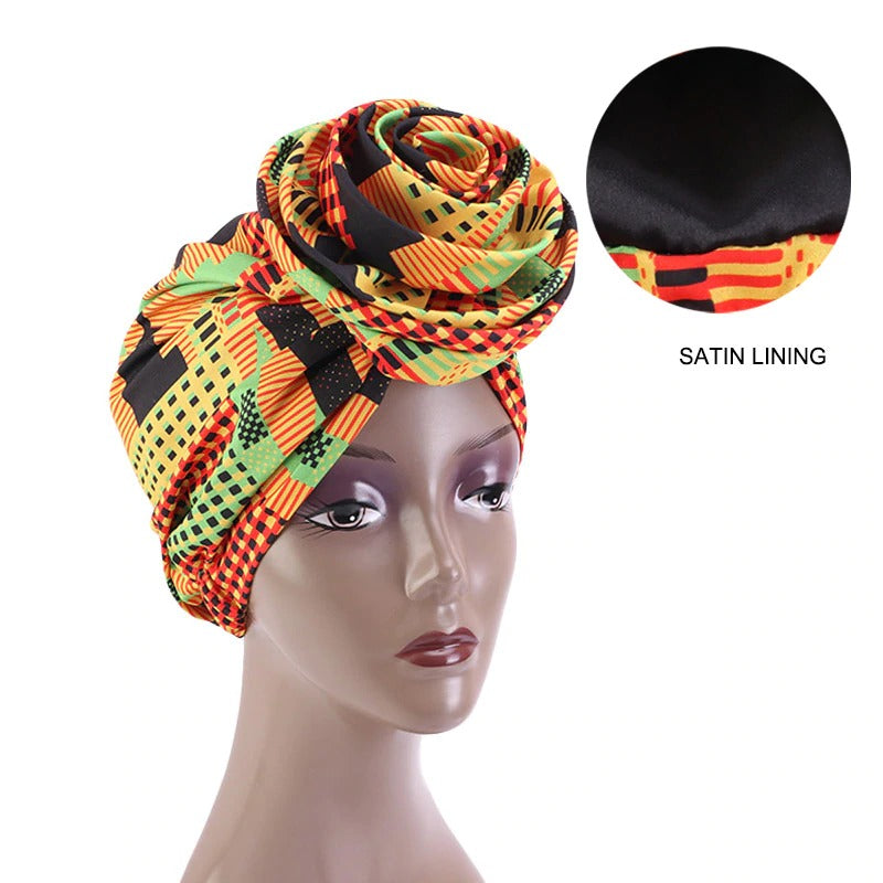 Vorgefertigtes Kopftuch / Schlafhaube - Afrikanische Kente Print Satin Kopfbedeckung
