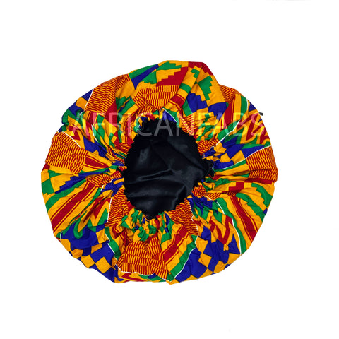 Afrikanischer Kente Print Schlafhaube / Hair Bonnet - Orange / Blau ( Baumwolle mit Satinfutter )