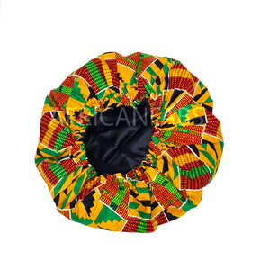 Afrikanischer Kente Print Schlafhaube / Hair Bonnet - Orange / Grüne Kente ( Baumwolle mit Satinfutter )