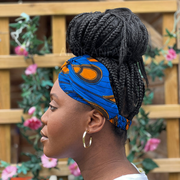Haarband / Stirnband / Kopfband in Afrikanischer Print - Blau / Orange VLISCO