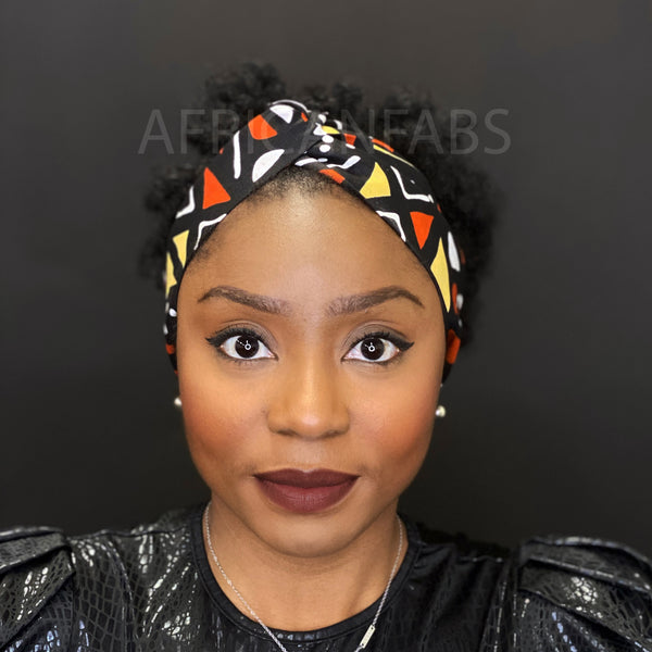 Haarband / Stirnband / Kopfband in Afrikanischer Print - Erwachsene - Schwarz / Orange / Weiss Bogolan
