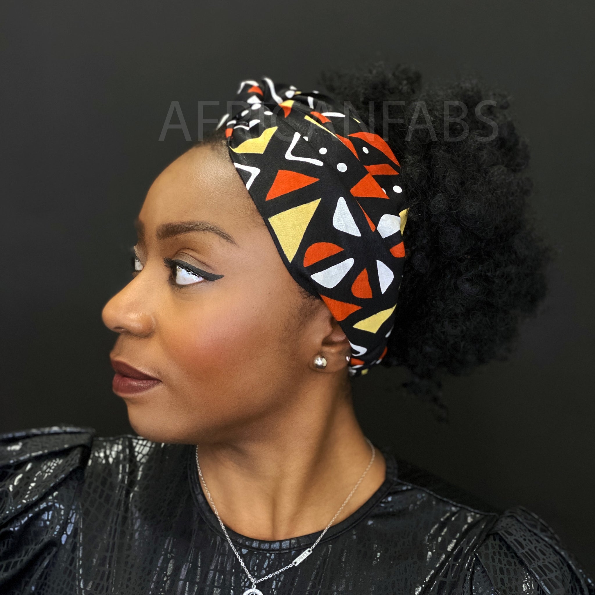 Haarband / Stirnband / Kopfband in Afrikanischer Print - Erwachsene - Schwarz / Orange / Weiss Bogolan