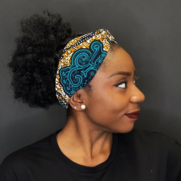 Haarband / Stirnband / Kopfband in Afrikanischer Print - Erwachsene - Blau / Senf classic