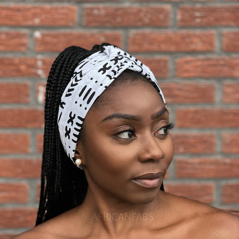 Haarband / Stirnband / Kopfband in Afrikanischer Print (Größeres Format) - Weiss Bogolan