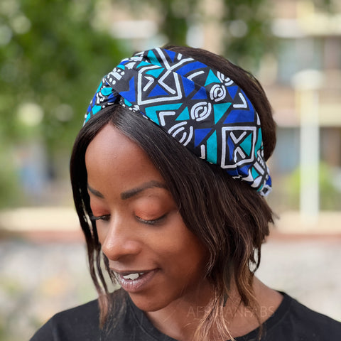 Haarband / Stirnband / Kopfband in Afrikanischer Print (Größeres Format) - Blau Bogolan