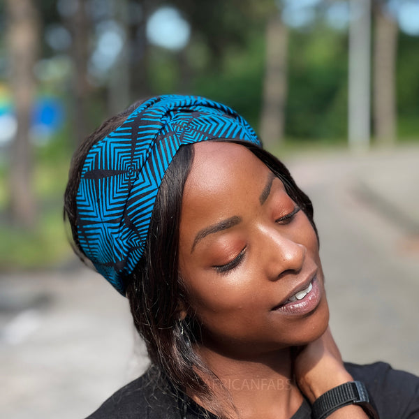 Haarband / Stirnband / Kopfband in Afrikanischer Print (Größeres Format) - Blau Bogolan