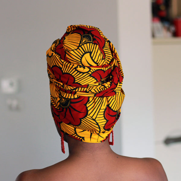 Afrikanisches Kopftuch / Vlisco headwrap - Gold / Rote Wedding Flowers