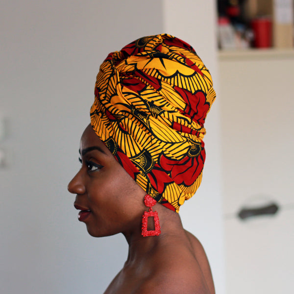 Afrikanisches Kopftuch / Vlisco headwrap - Gold / Rote Wedding Flowers