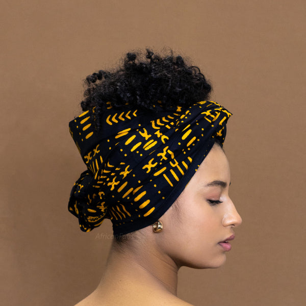 Afrikanisches Kopftuch / headwrap - Schwarz / Gelb Bogolan