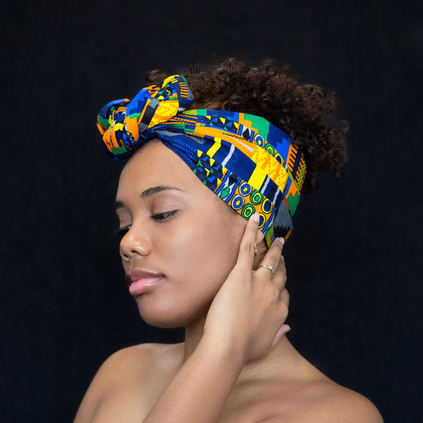Afrikanisches Kopftuch / headwrap - Kente-Stoff Blau Orange