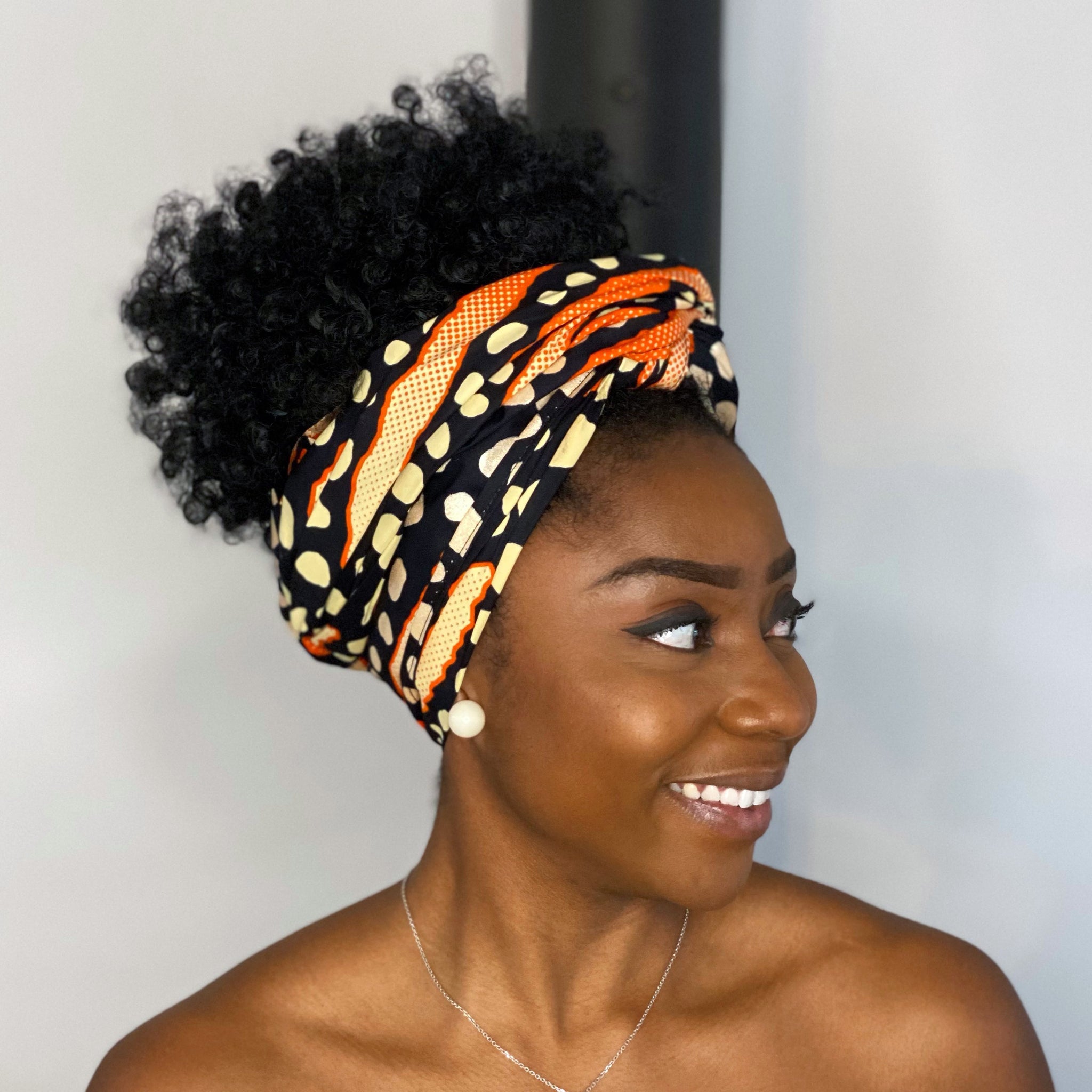 Afrikanisches Kopftuch / headwrap - Schwarz Orange metallic Bogolan