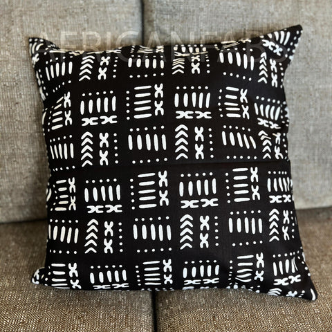 Afrikanisches Kissen | Schwarz Bogolan Print Stoff - Dekokissen 45x45 - 100% Baumwolle