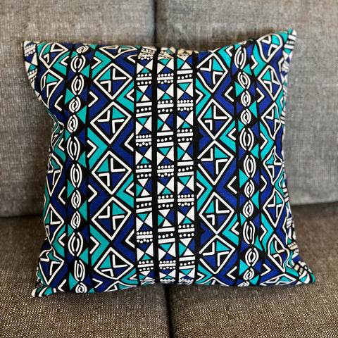 Afrikanisches Kissen | Blau Bogolan Print Stoff - Dekokissen 45x45 - 100% Baumwolle