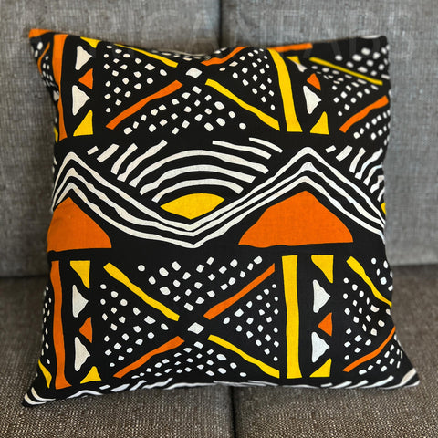 Afrikanisches Kissen | Orange Bogolan Print Stoff - Dekokissen 45x45 - 100% Baumwolle