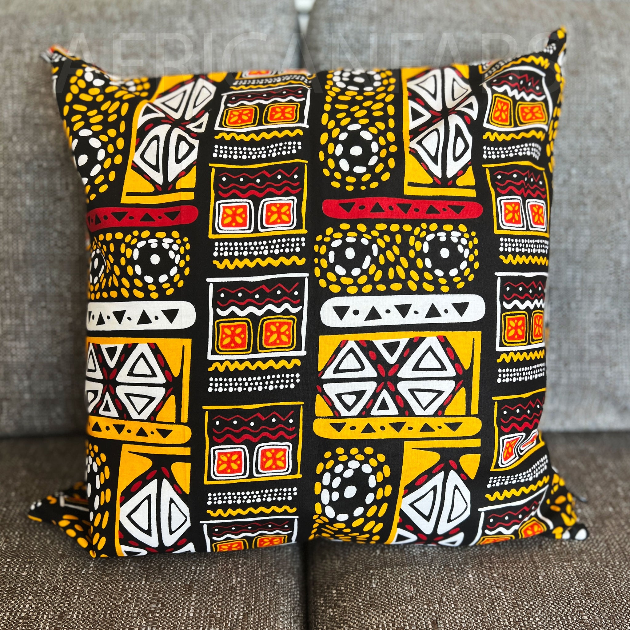 Afrikanisches Kissen | Gelb Bogolan Print Stoff - Dekokissen 45x45 - 100% Baumwolle