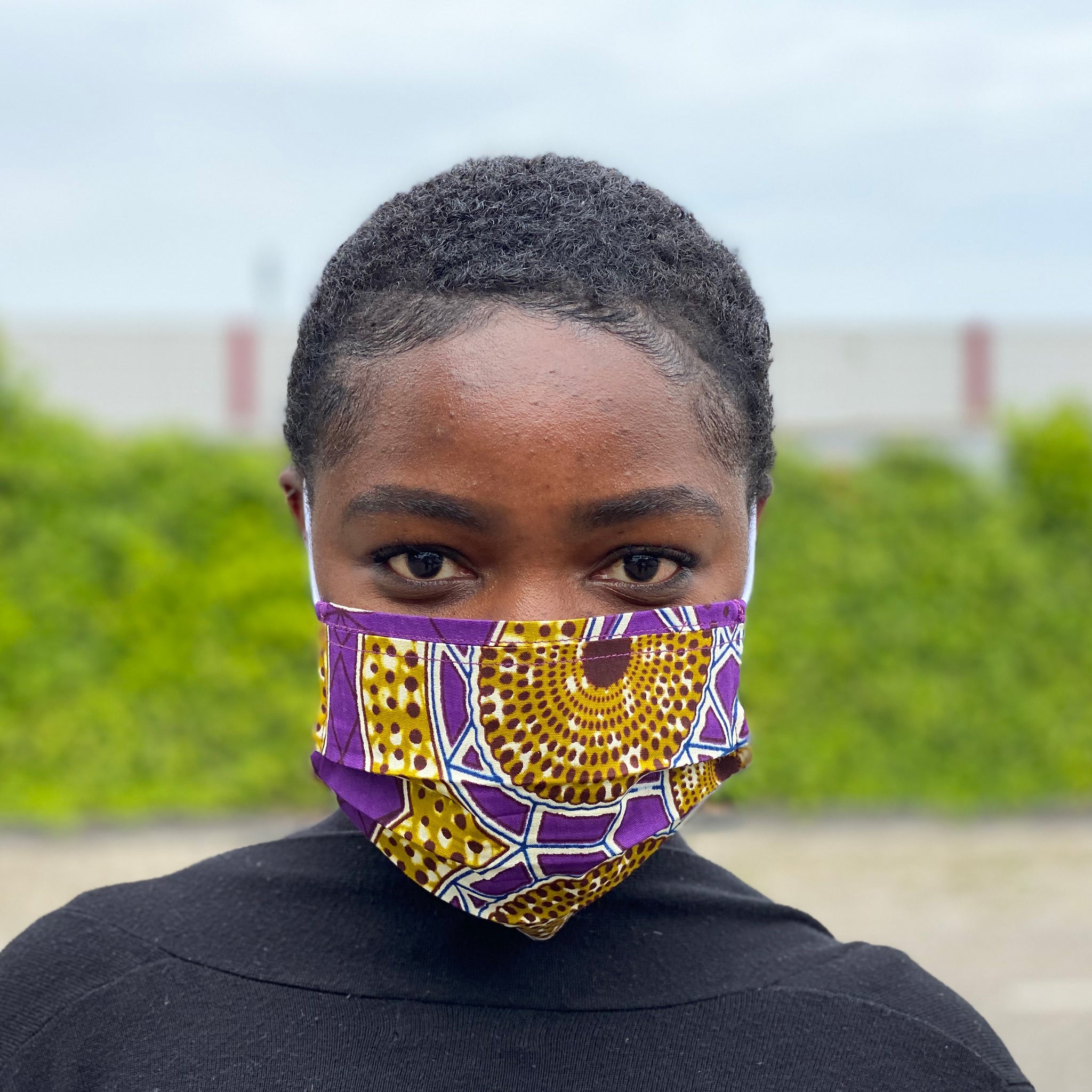 Afrikanischer Print Mundschutz / Maske aus Baumwolle Unisex - Lila Senf dots