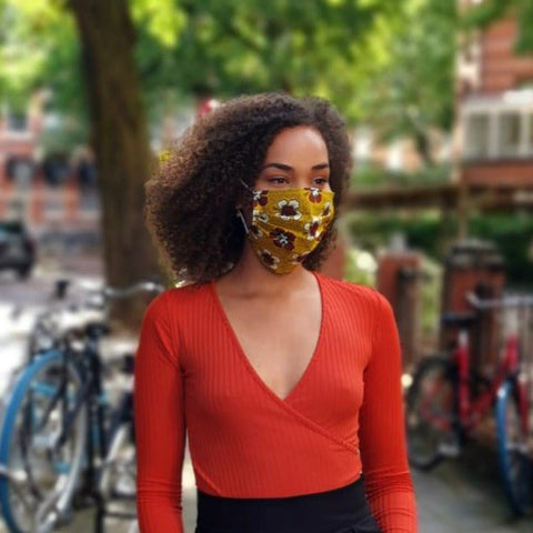 Afrikanischer Print Mundschutz / Maske aus Baumwolle Unisex - Senf kastanje Blumen