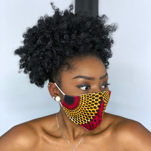Afrikanischer Print Mundschutz / Maske aus Baumwolle Unisex - Rot / Gelb / Schwarze dots