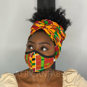 Afrikanisches Kopftuch + Mundschutz im SET - Kente print