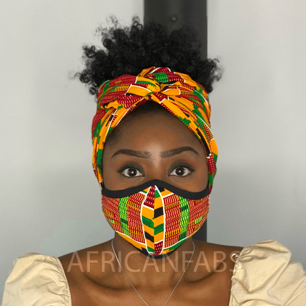 Afrikanisches Kopftuch + Mundschutz im SET - Kente print
