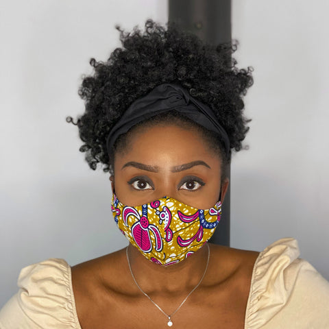 African print Mouth mask / Face mask made of cotton (Premium model)  Unisex - Mustard / Pink