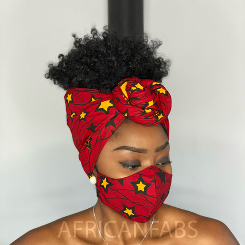 Afrikanisches Kopftuch + Mundschutz im SET (Vlisco) - Rote star