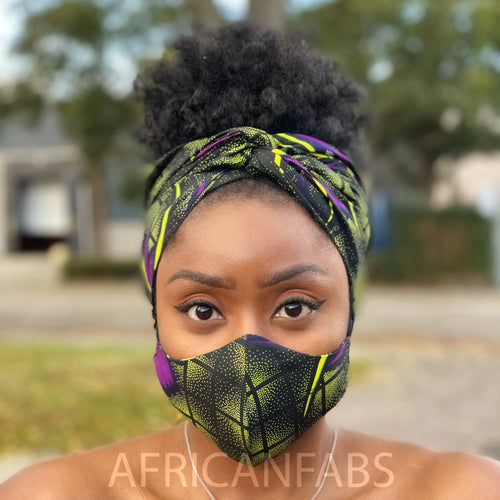 Afrikanisches Kopftuch + Mundschutz im SET (Vlisco) - Grün Lila butterflies