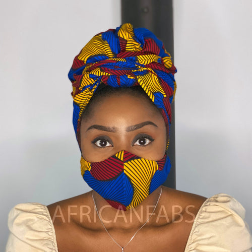 Afrikanisches Kopftuch + Mundschutz im SET (Vlisco) - Rot Blaues santana