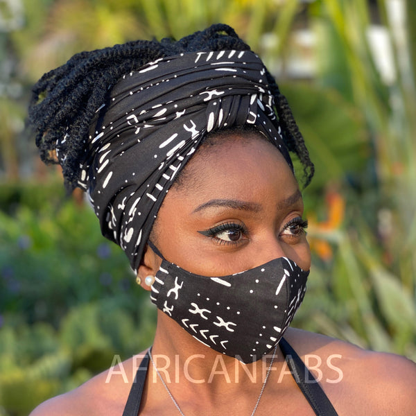 Afrikanisches Kopftuch + Mundschutz im SET - Schwarz Weiss Bogolan