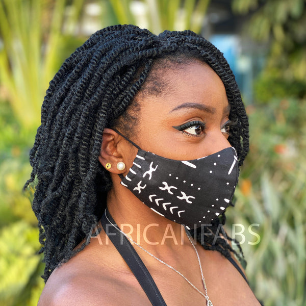 African print Mouth mask / Face mask made of cotton (Premium model) Unisex - Black / white bogolan