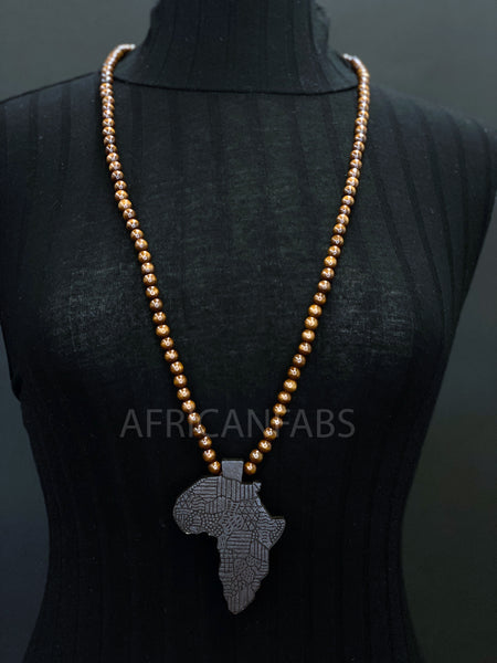 Holzperlenkette / Halskette / Anhänger - Afrikanischer Kontinent - Schwarz / Dunkelbraun