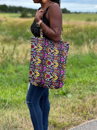 Shopper Tasche mit Afrikanischem Print - Pink / gelb tribal - Wiederverwendbare Einkaufstasche aus Baumwolle