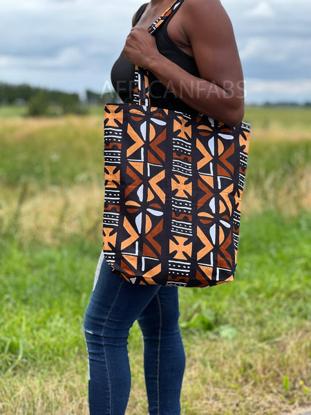 Shopper Tasche mit Afrikanischem Print - Braun Bogolan - Wiederverwendbare Einkaufstasche aus Baumwolle