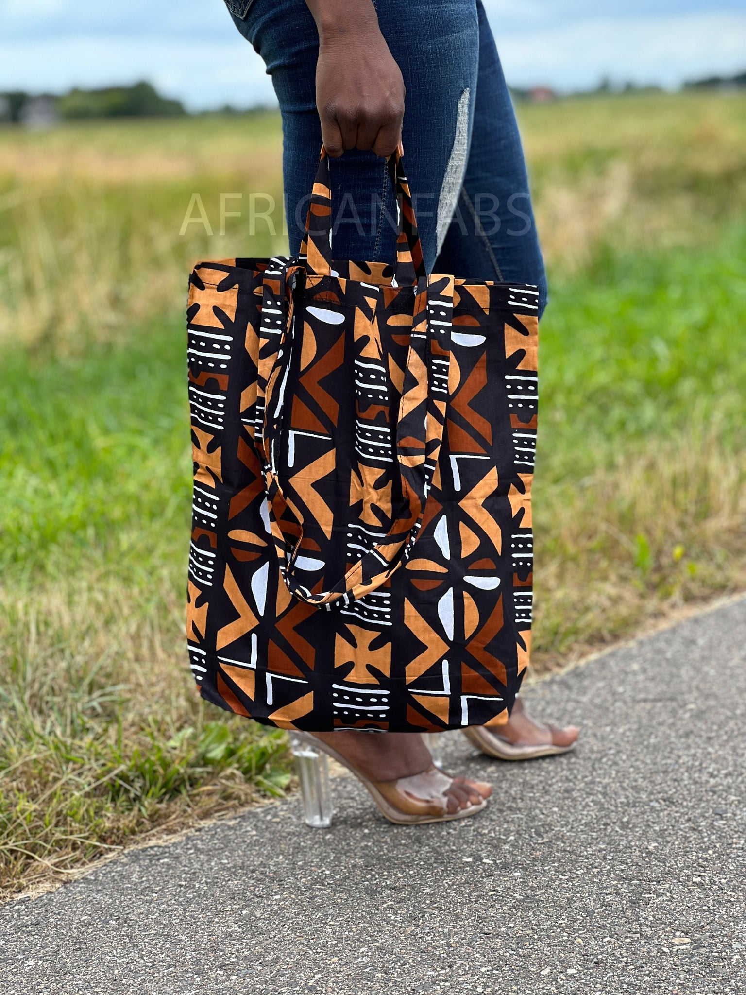 Shopper Tasche mit Afrikanischem Print - Braun Bogolan - Wiederverwendbare Einkaufstasche aus Baumwolle