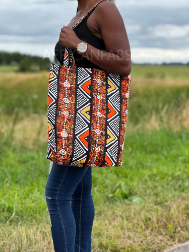 Shopper Tasche mit Afrikanischem Print - Orange Bogolan - Wiederverwendbare Einkaufstasche aus Baumwolle