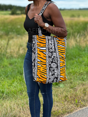 Shopper Tasche mit Afrikanischem Print - Gelb Bogolan - Wiederverwendbare Einkaufstasche aus Baumwolle