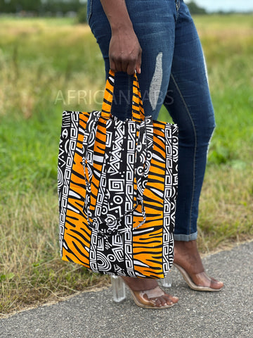 Shopper Tasche mit Afrikanischem Print - Gelb Bogolan - Wiederverwendbare Einkaufstasche aus Baumwolle
