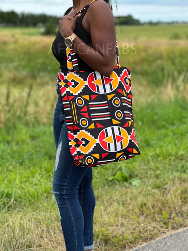 Shopper Tasche mit Afrikanischem Print - Rot / Schwarz Bogolan - Wiederverwendbare Einkaufstasche aus Baumwolle